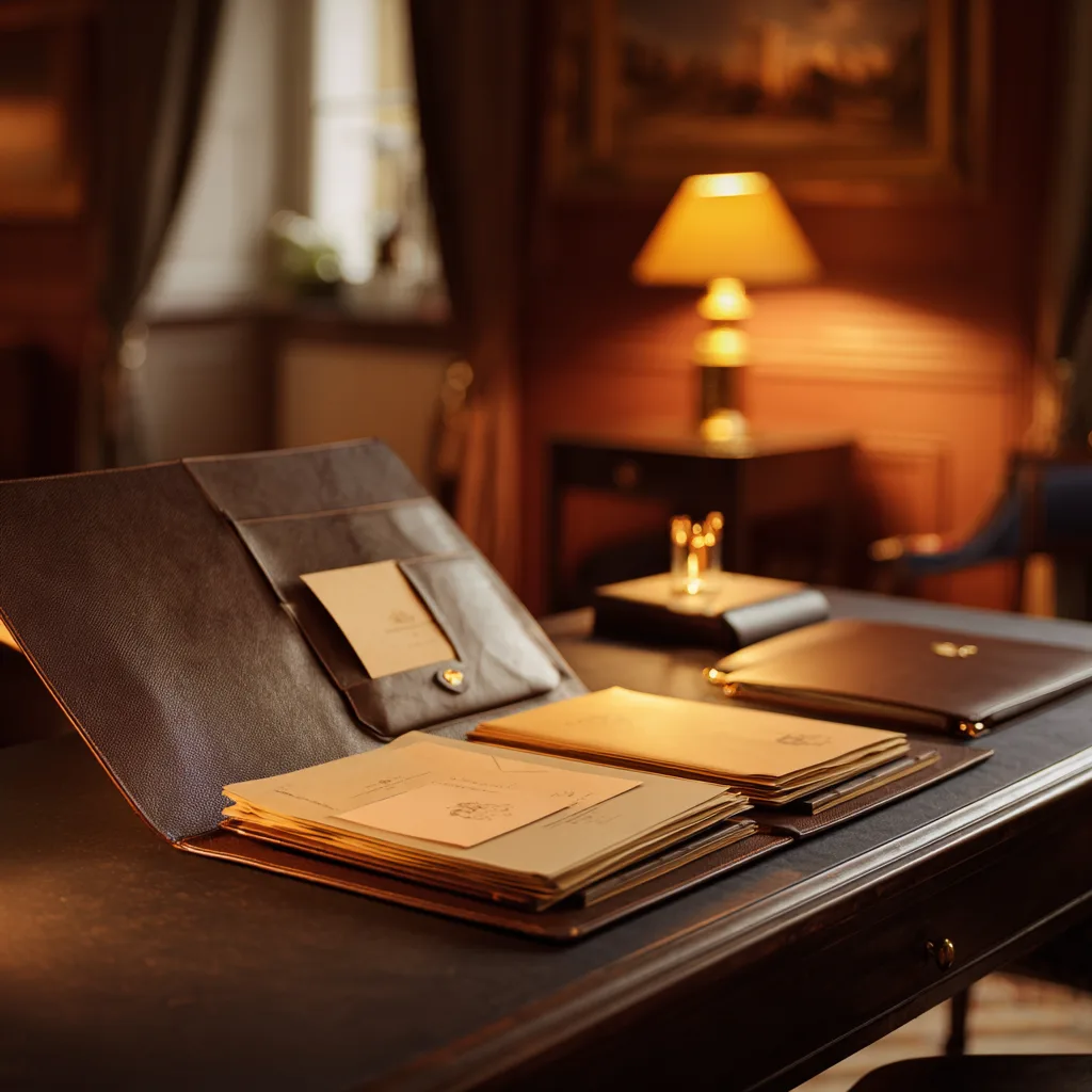 Leather portfolio with curated documents — the reveal moment